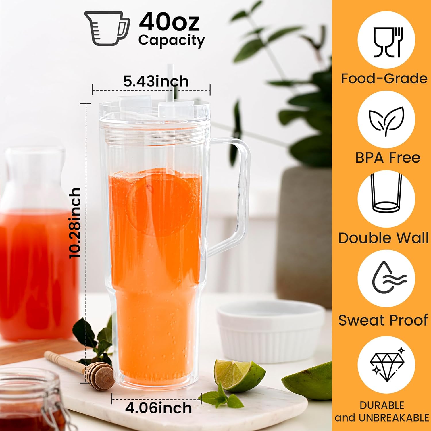 40 oz Tumbler with Handle and Straw Double Wall Reusable Plastic Clear Tumbler with Lid Acrylic Iced Coffee Cups Water Travel Mug - Image 2