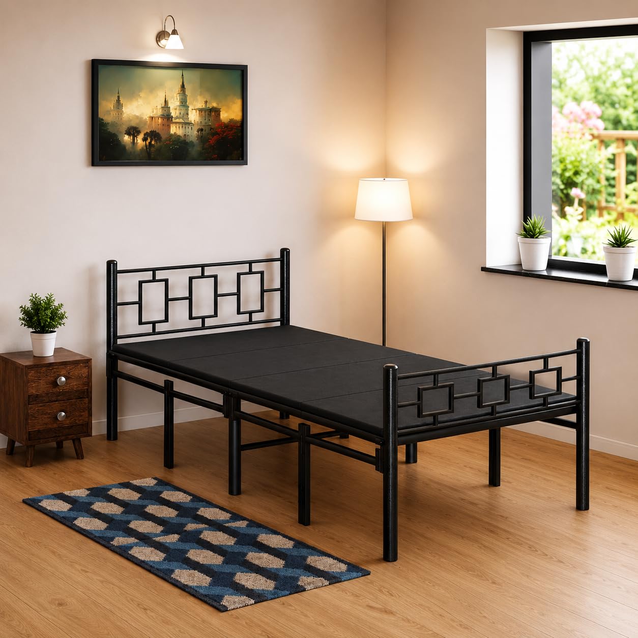 Modern Comfort 4-Fold Metal Folding Bed 6ft x 3ft with Attached Black Hard Mattress, Heavy Duty Ready to Use Foldable Single Bed for Guests, Home & Hostel-image-37