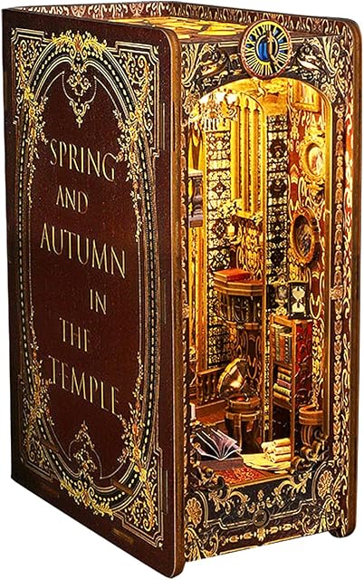 CUTEROOM DIY Book Nook Kit - 3D Wooden Puzzle Book Nook Bookshelf Insert with Furniture and LED Light, DIY Miniature Dolls House Kit, Model Kits for Adults to Build