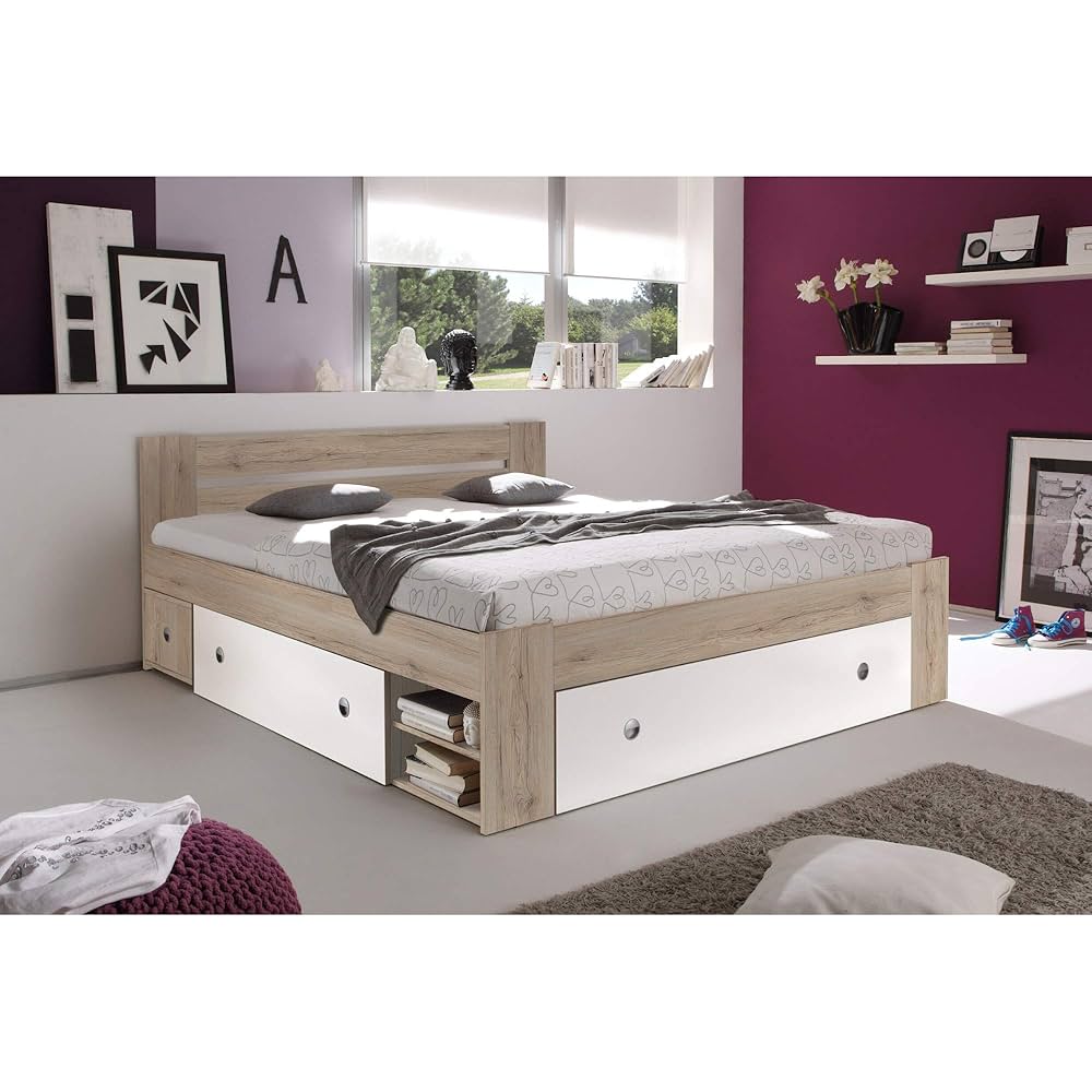 Chambre à Coucher Rauch Venlo - Lit 180x200cm + Armoire Coulissante + Tables De Chevet - Chêne Sonoma/Blanc