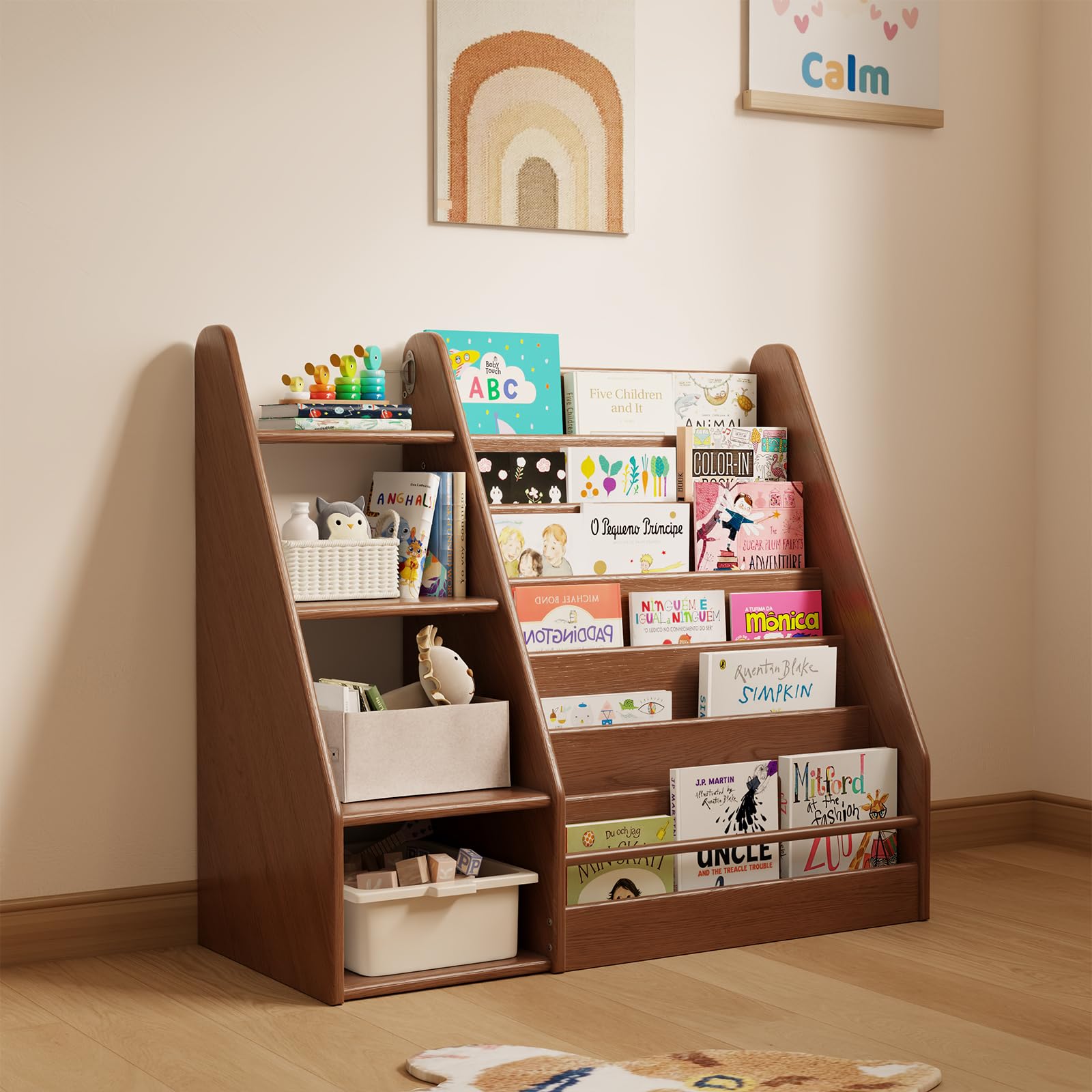 YQJJGL Bibliothèque en Bois Enfants 7 Niveaux 4 rangements, Noyer