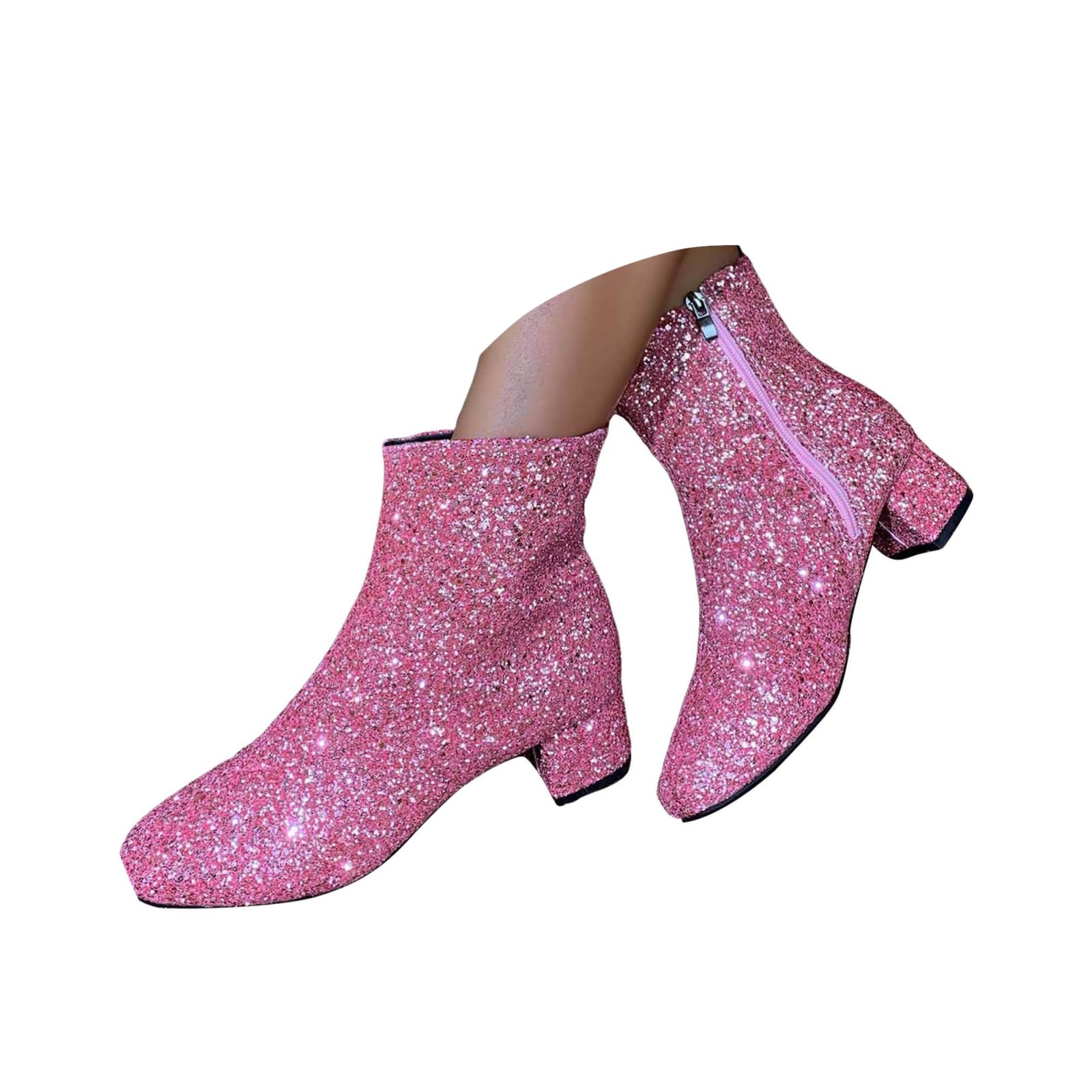 Sequin Low Heeled Ankle Boots Women Sparkly Glitter Block Heel Booties Womens Pointed Toe Chunky Heels Short Boots