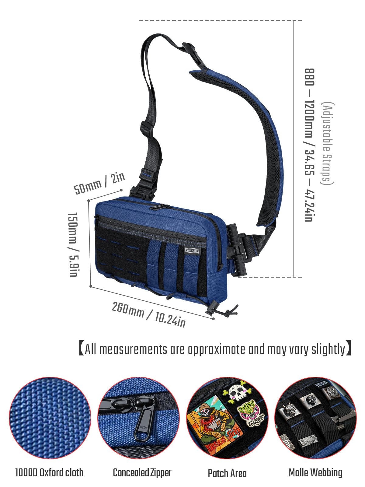 TACTICAL_GEEK Cache L3C EDC - Bolso bandolera ligero para hombre y mujer, compacto, bandolera ajustable, bandolera para el hombro, bolso de pecho para viajes, escuela, senderismo, 1000d Azul