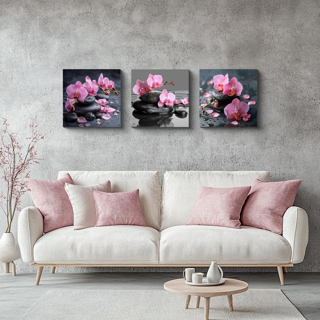 NAN Wind 3PCS Zen Spa Canvas Wall Art Pink Orchid Flower and Black Massage Stones Print Modern Botanical Floral Artwork Relaxation Theme Wall Decor for Bathroom Bedroom Home Spa Salon Decor