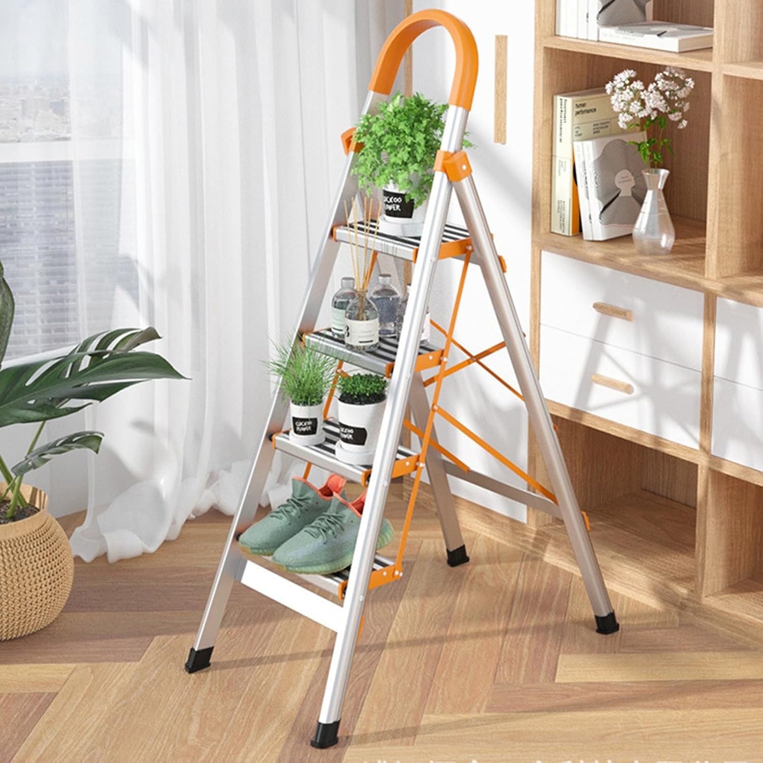 SBCC Aluminum Alloy Folding Household Ladder, Thickened Step Ladder Multi-Function Ladder, Anti-Slip Silver Pedal (Small : Four Steps)