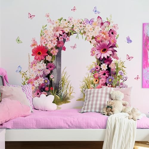 Fake Window Wall Decals Peel and Stick - Removable Flower & Butterflies Vinyl Wa