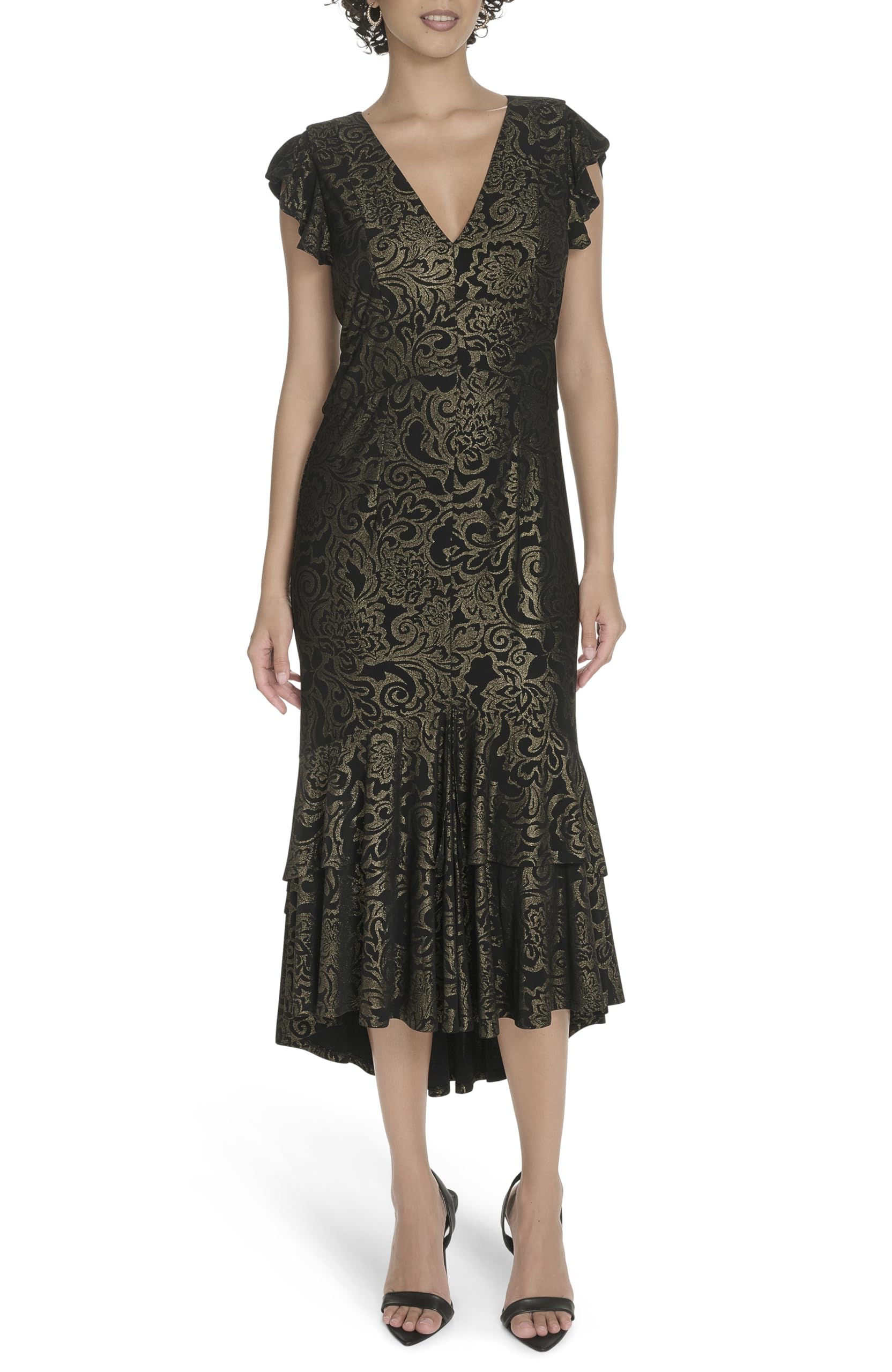 Tommy Hilfiger Womens Flutter Sleeve V Neck Empire Midi