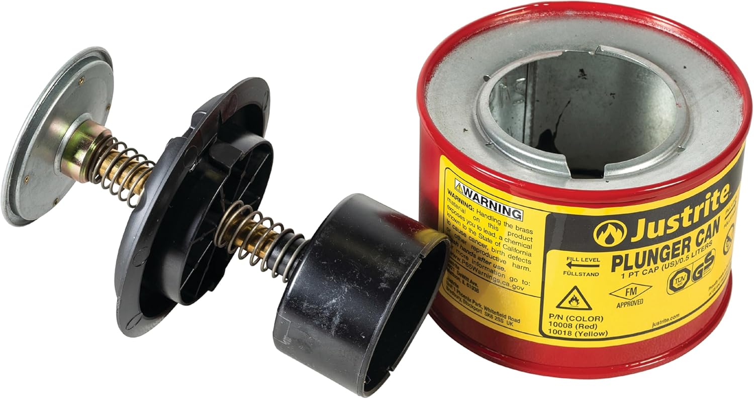 Justrite Plunger Can for Solvents, 1 Pint Capacity, 5.25" x 4.9" Steel Push-Down Solvent Dispenser Can, Made in the USA Industrial Mechanic Tools, Red, 10008