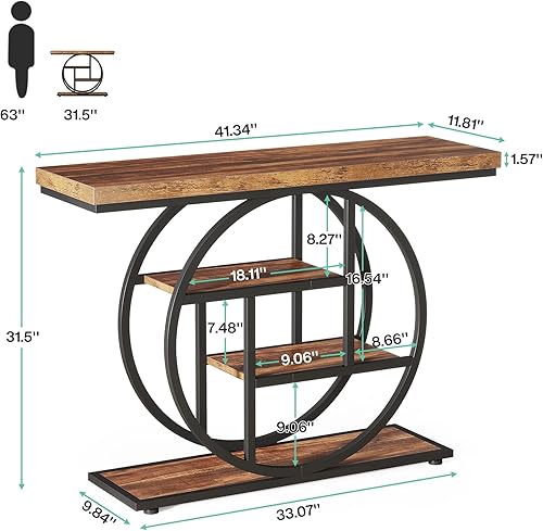 Miniatura 2 de Tribesigns Mesa de Consola de 41.3", Mesa Industrial de 4 Niveles para Sofá Mesa de Entrada con Base Circular, Mesas de Acento de Madera Estrechas