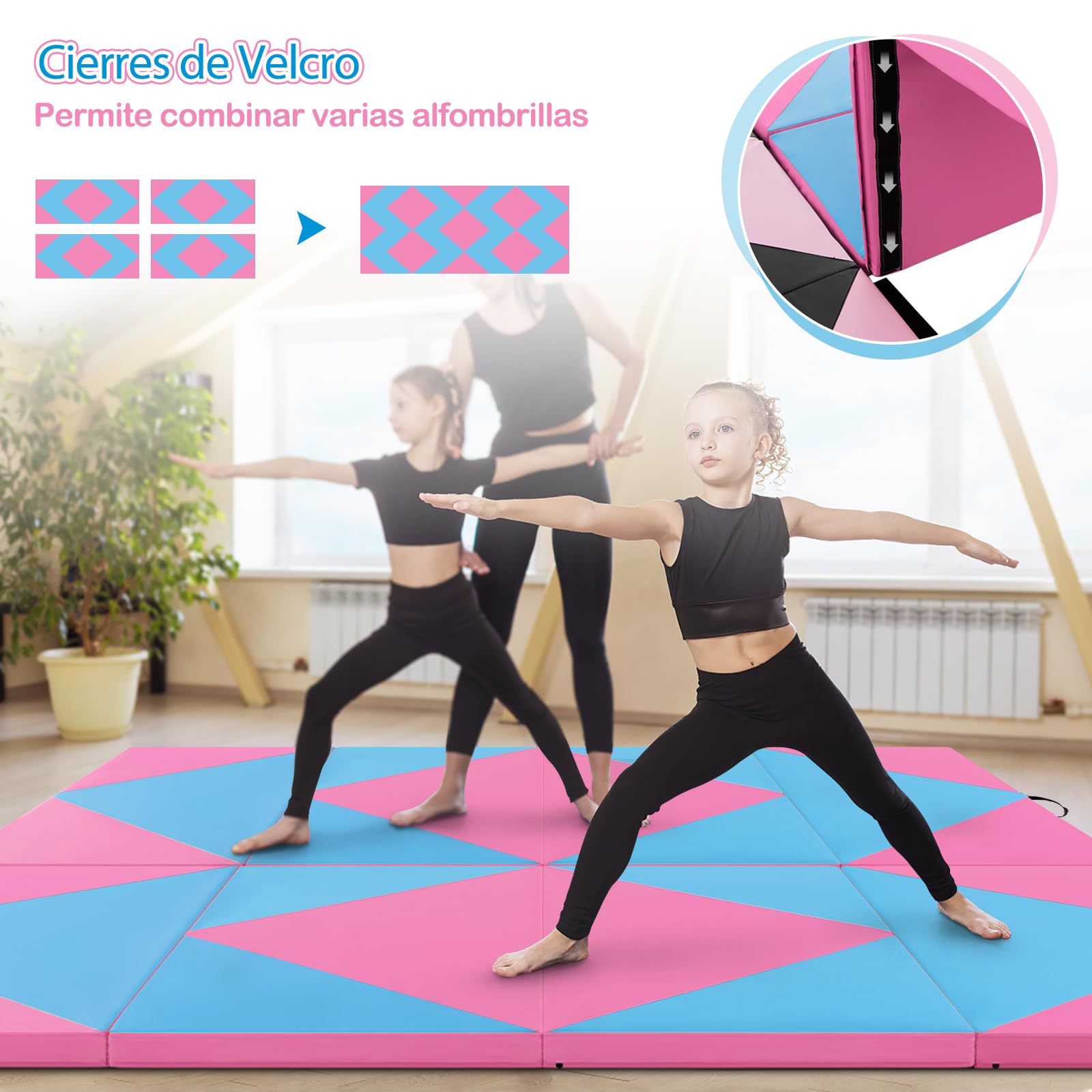 GOPLUS Colchoneta de Gimnasia Plegable, 240x117x5cm, Esterilla de Entrenamiento de Cuero Artificial con Asas de Transporte, Alfombra de Suelo para Fitness Yoga (Azul+ Rosa)