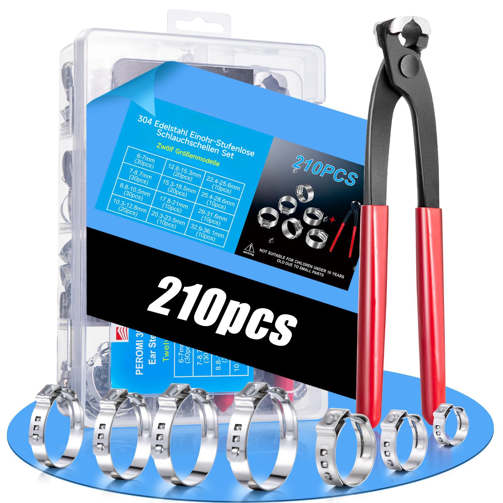 210PCS Einohrige Schlauchklemmen, 12 Größen (6-36.1mm) Schlauchschellen aus Edelstahl 304 mit Einohr-Klemmzange, für Wasserleitungen, Sanitär und Kfz-Anwendungen