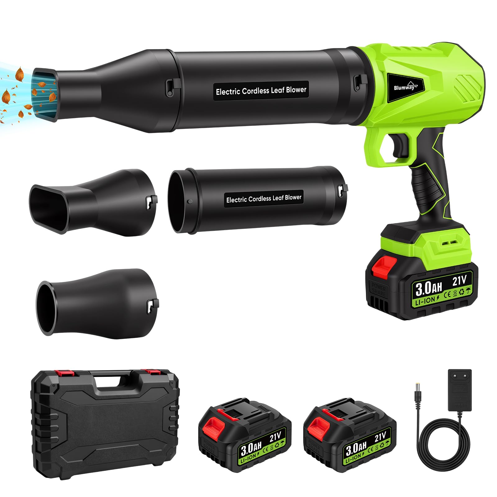 Blumway Soplador de hojas inalámbrico, soplador de hojas manual, 3 boquillas de extensión, motor mejorado, 21 V, 2 unidades, soplador eléctrico de hojas para el cuidado del césped, jardín