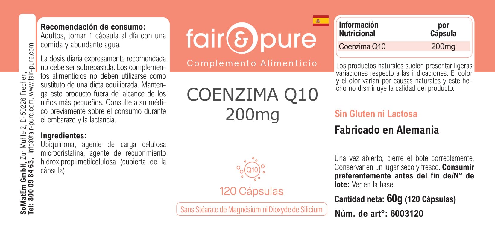 Fair & Pure Co-Enzyme Q10 Capsules 200mg, 120 pièces, complément alimentaire végétalien sans additifs, fabriqué en Allemagne