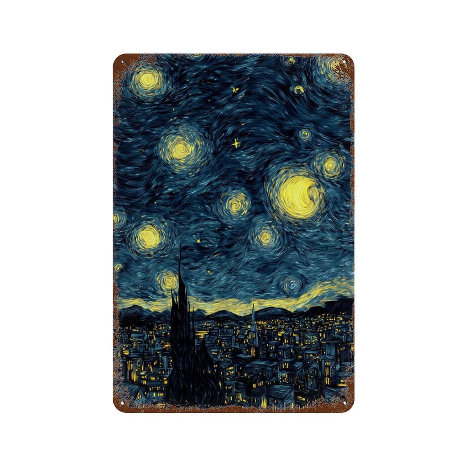 Starry Night Cityscape Art Print -1 11.8"x7.9" Retro Metal Sign, Shabby Chic Decor for Garage, Bar And Workshop Decor