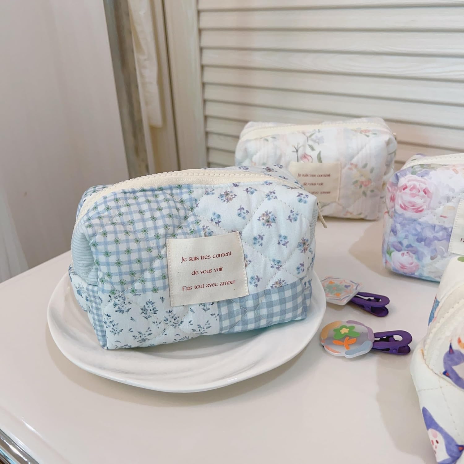uekeboag Small Cute Floral Quilted Cotton Makeup Bag,Mini Coquette Quilted Cosmetic Pouch with Zipper,Kawaii Travel Toiletry Bags for Purse(01 Blue checked Flower) - Image 3