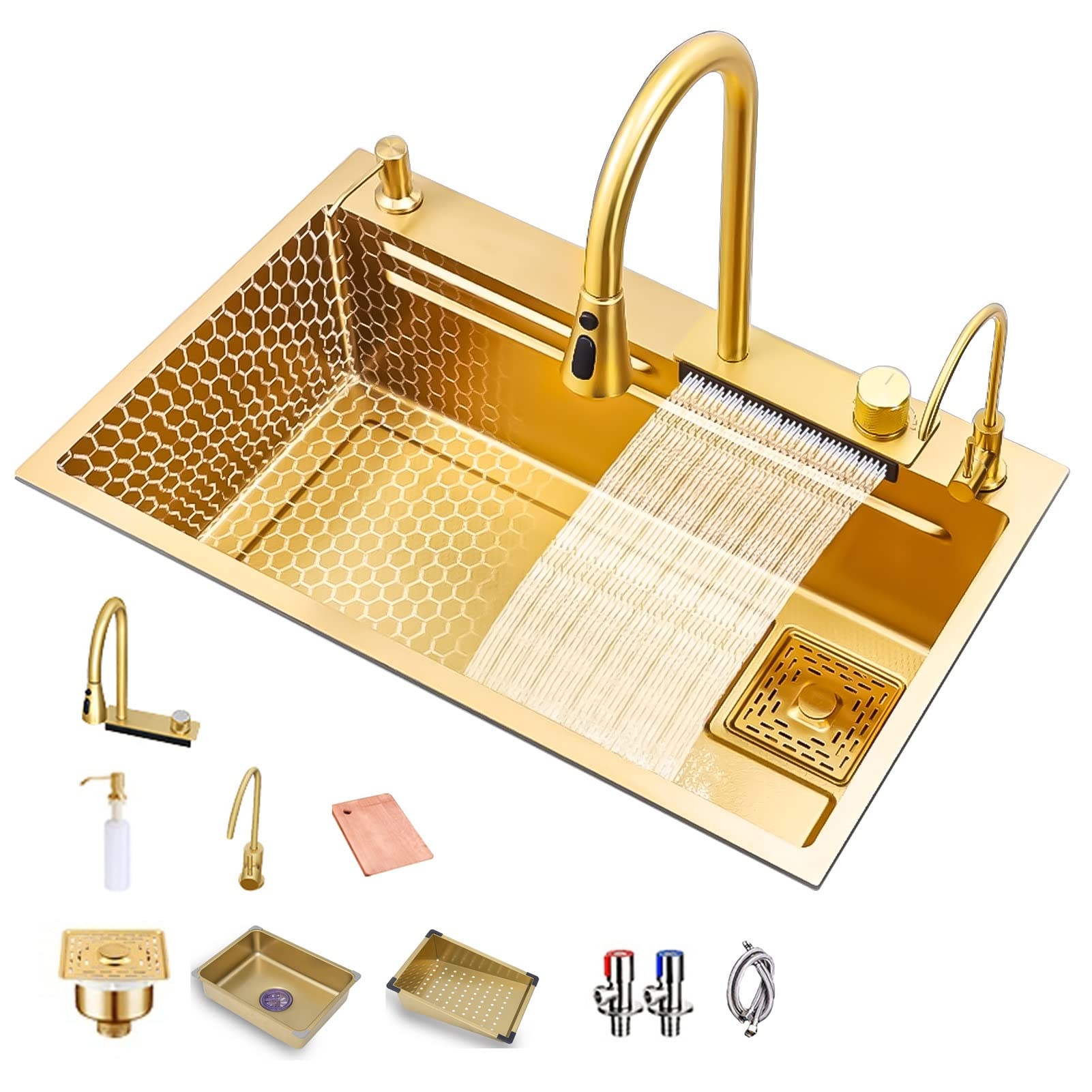 ZQFHSX Gold Kitchen Sink, New Stainless Steel Waterfall Bar Workstation Sink With Pull-Out Tap, Chopping Board, Soap Dispenser (Size : 75x46cm)