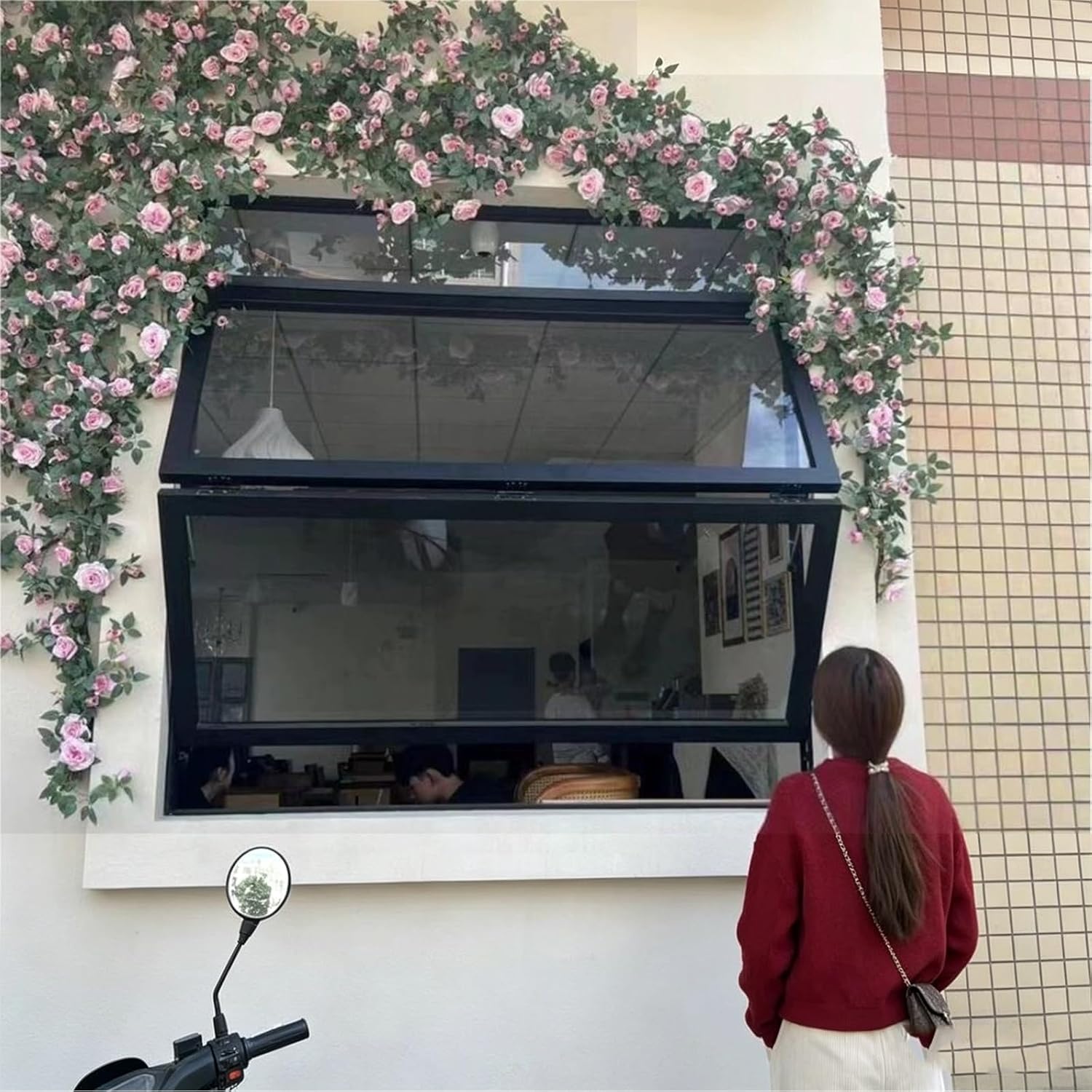 Folding Concession Serving Window with Glass & Lock, Vertical Sliding Double Hung Aluminum Frame Window for Food Truck, Lift-Up Tempered Glass Free Hover 22x44in (56x112cm)_Black