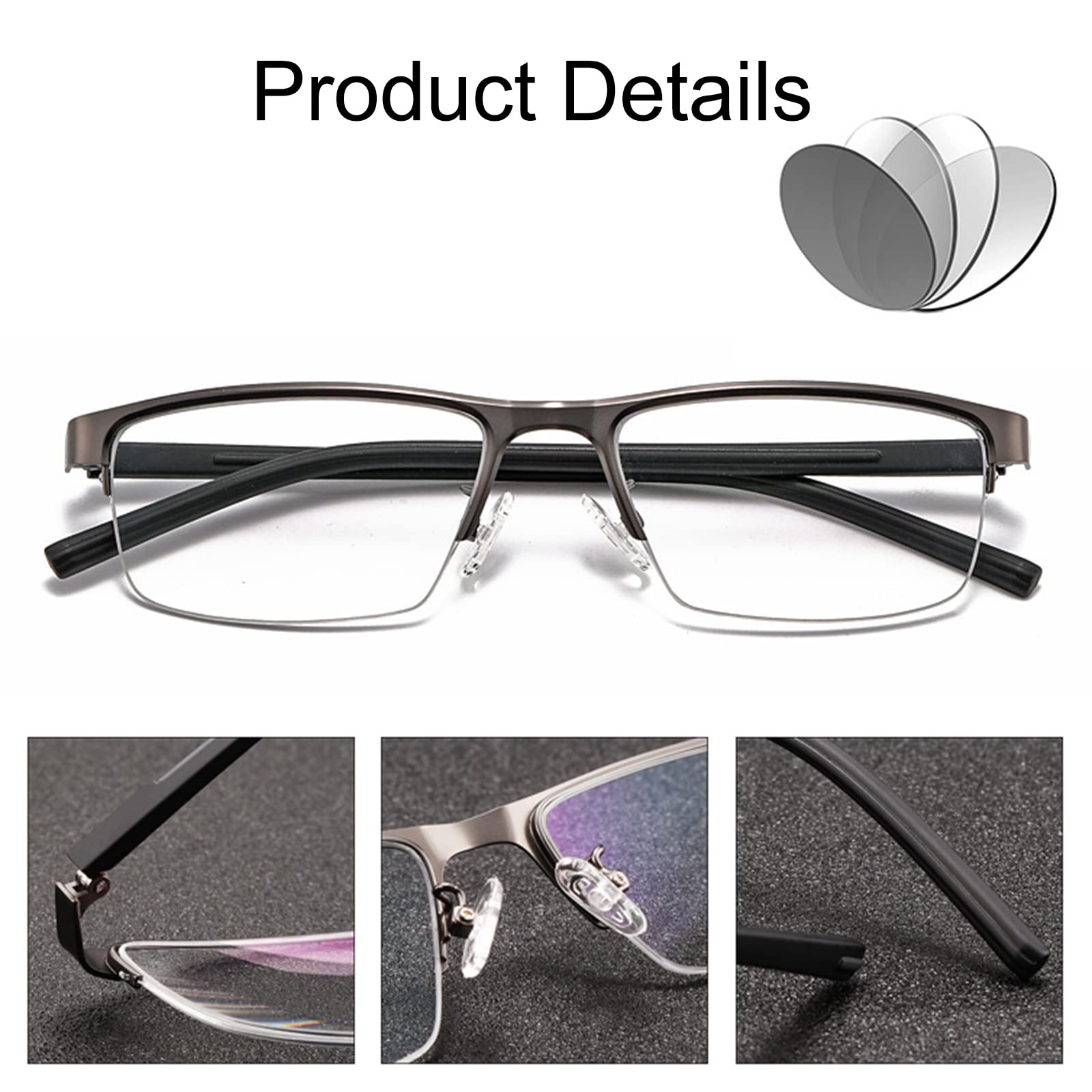Gafas de Lectura de Medio Marco de Metal para Hombres Gafas de Sol de transición fotocromáticas UV400 Lentes de Resina HD Gafas para Ancianos +1.0 a + 3.0,Blue-+2.75