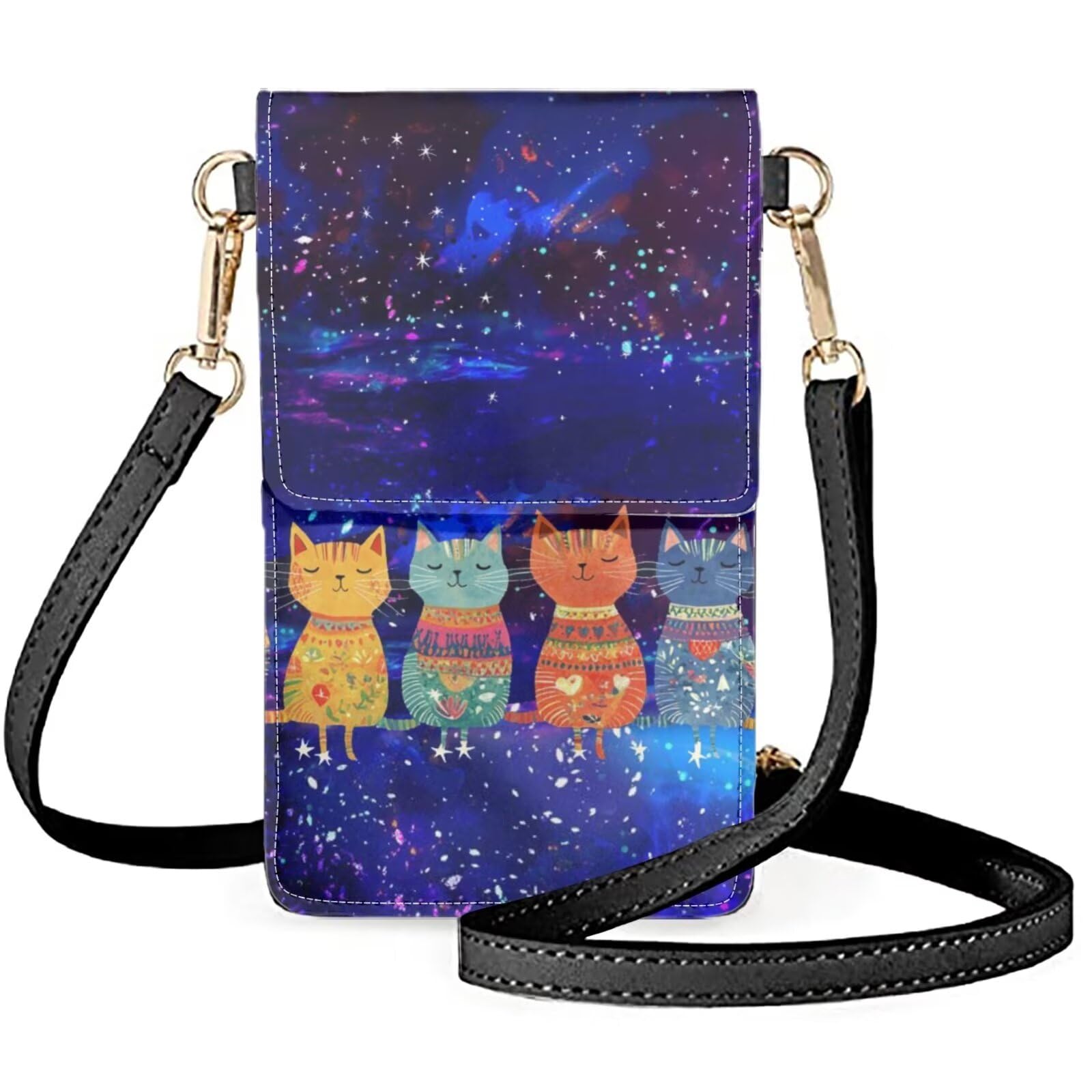 Forchrinse Cartoon Cats Blue Starry Sky Touch Screen Crossbody Cellphone Purse,Pu Leather Small Shoulder Bag Phone Pouch for Women Girls