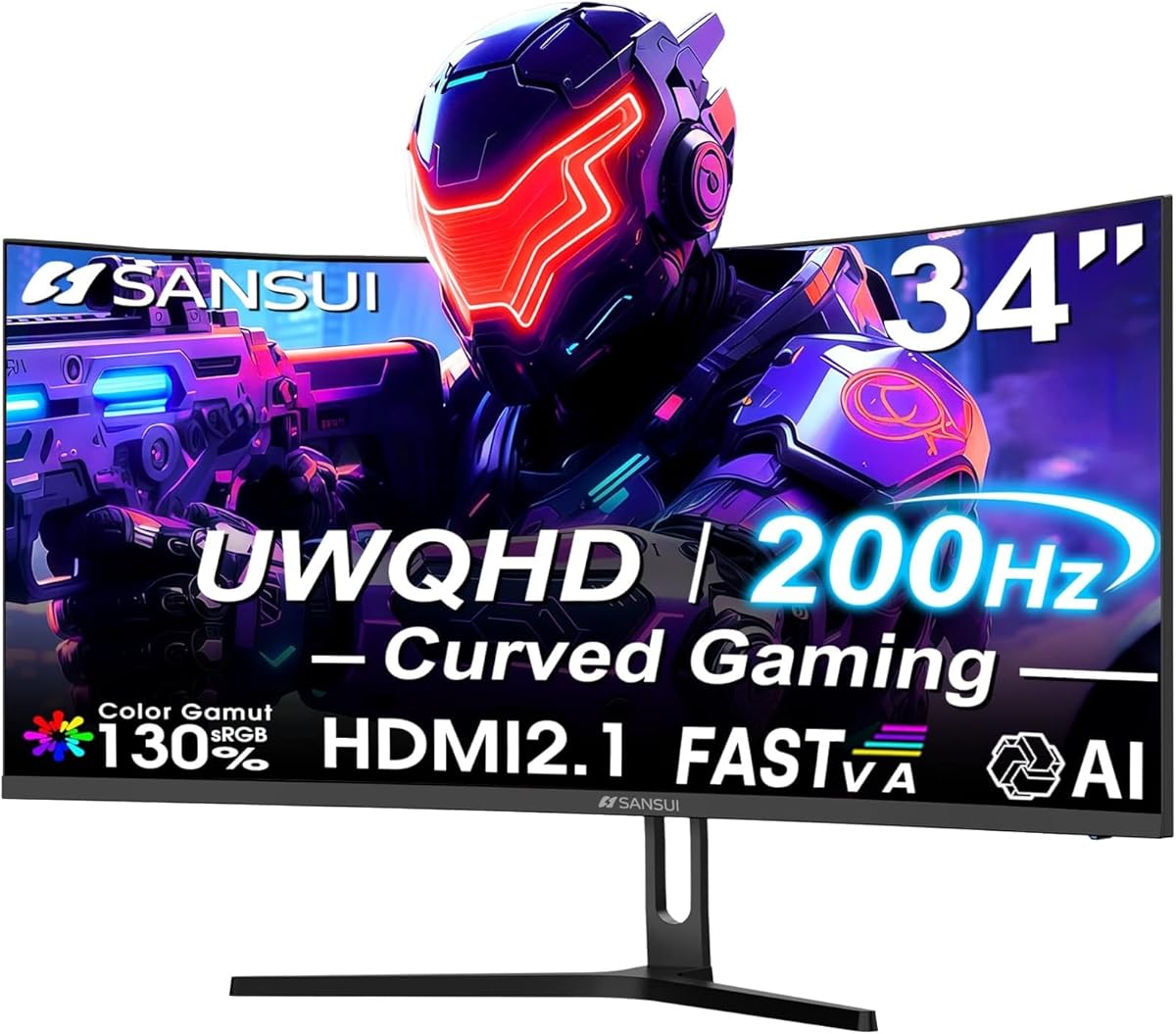 SANSUI 34 Inch UWQHD 200HZ Curved Gaming Monitor, FastVA 3440x1440P Ultrawide 1500R Curved Gaming Computer Monitor 21:9 with PIP PBP, AI Tech Enhance, 2xHDMI2.1 DP1.4 Ports(HDMI2.1 Cable Incl.)