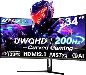 SANSUI 34 Inch UWQHD 200HZ Curved Gaming Monitor, FastVA 3440x1440P Ultrawide 1500R Curved Gaming Computer Monitor 21:9 with PIP PBP, AI Tech Enhance, 2xHDMI2.1 DP1.4 Ports(HDMI2.1 Cable Incl.)