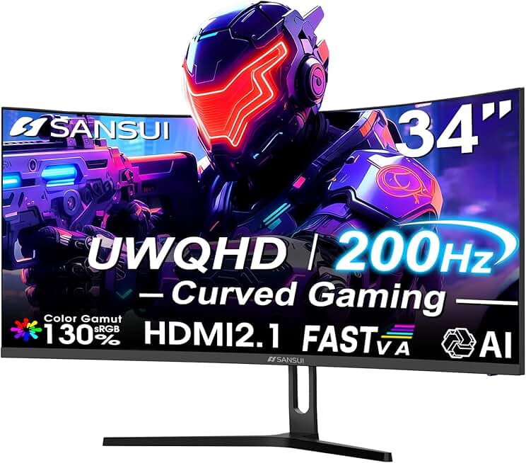 SANSUI 34 Inch UWQHD 200HZ Curved Gaming Monitor, FastVA 3440x1440P Ultrawide 1500R Curved Gaming Computer Monitor 21:9 with PIP PBP, AI Tech Enhance, 2xHDMI2.1 DP1.4 Ports(HDMI2.1 Cable Incl.)