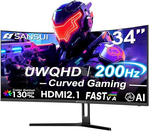 SANSUI 34 Inch UWQHD 200HZ Curved Gaming Monitor, FastVA 3440x1440P Ultrawide 1500R Curved Gaming Computer Monitor 21:9 with PIP PBP, AI Tech Enhance, 2xHDMI2.1 DP1.4Ports(HDMI2.1 Cable Incl.)