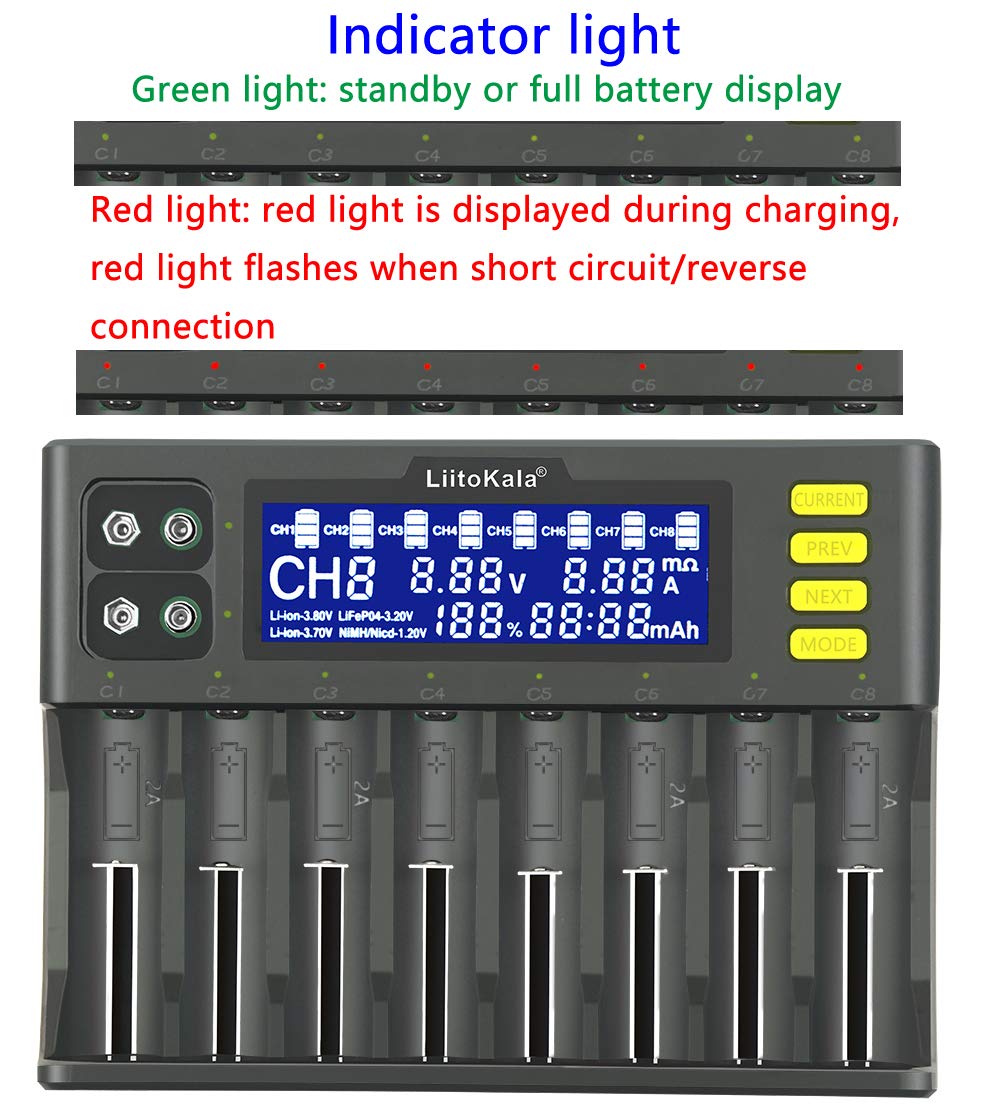 icover Chargeurs de Piles 18650, LiitoKala Chargeur Batterie Écran LCD 8 Baies pour Charge Rapide Li-ION Rechargeable (IMR/ICR) LiFePO4 Ni-MH/CD AA AAA C 21700 26650 18350 14500 RCR123 & 9V Batteries