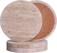 CasaCouture Natural Travertine Stone Coasters Set of 4 - 4-Inch Round Drink Coasters with Cork Backing for Furniture Protection & Housewarming Gifts