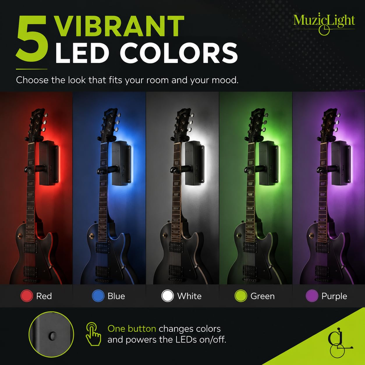 MuzicLight Soporte de pared para guitarra iluminada y soporte de pared para guitarra eléctrica o guitarra acústica con LED para exhibición de guitarra con iluminación ambiental (azul)