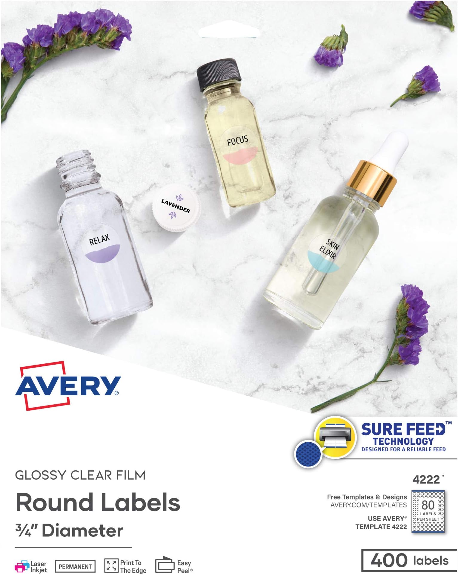 Printable Round Labels with Sure Feed, 3/4" Diameter, Glossy Clear, 400 Customizable Labels (4222)