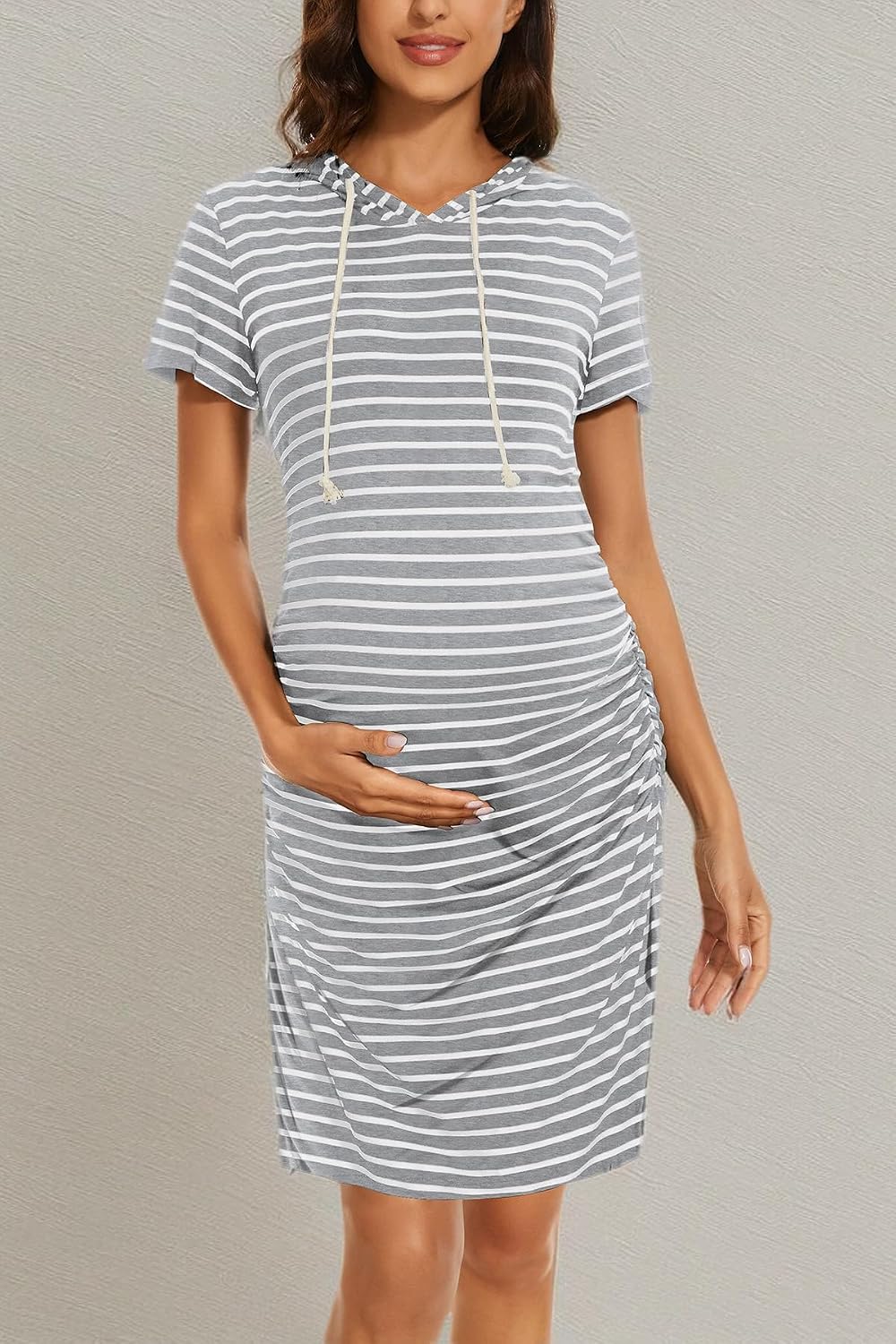 Women's Maternity Hoodie Dress Short Sleeve Split Side Ruched Pregnancy Clothes