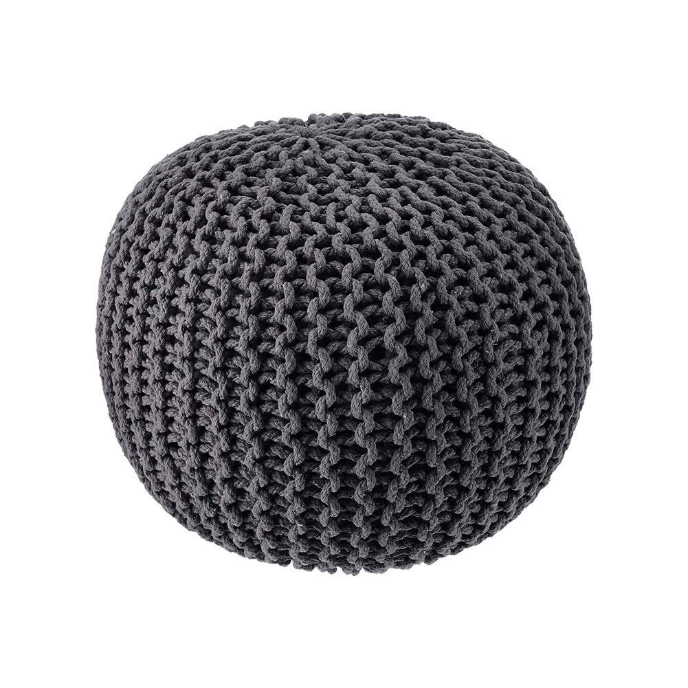 Tabouret tricot rond déhoussable en coton tressé fait main gris foncé
