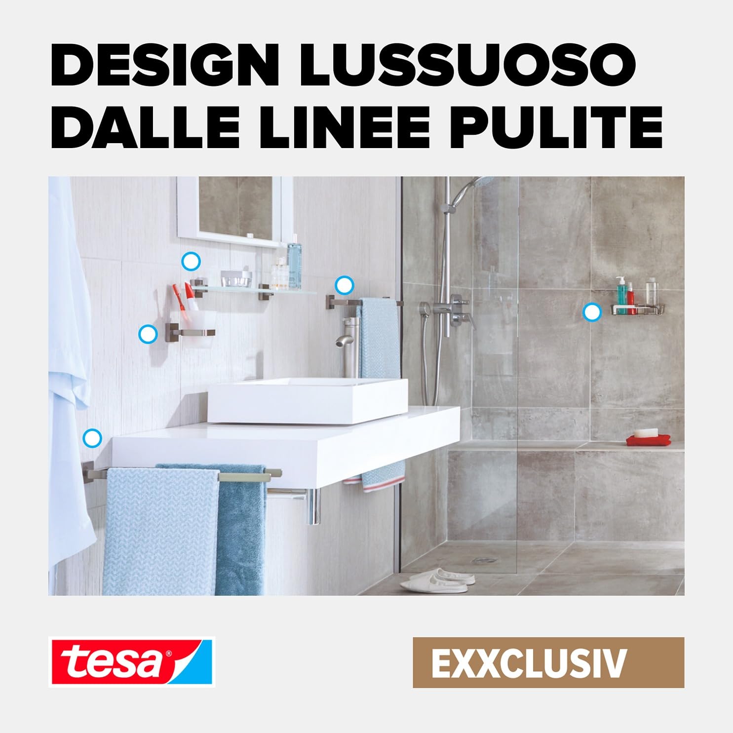 Tesa Exxclusiv Scopino WC, Autoadesivo, Look Acciaio Inox, Design Sofisticato, Inox Assicurato, 445mm x 98mm x 138mm