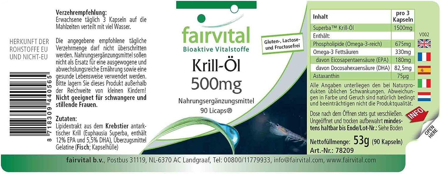 fairvital Krill-Öl Kapseln 500mg, 90 LiCaps®, HOCHDOSIERT, Superba Antarktis, reich an EPA & DHA