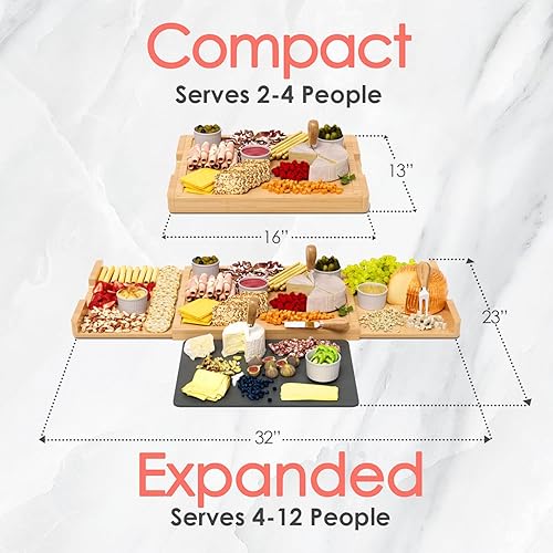Miniatura 2 de Juego de tablas de queso y embutidos de bambú, juego de regalo de tablero de charcutería extragrande de madera y pizarra, con cuchillo de queso,