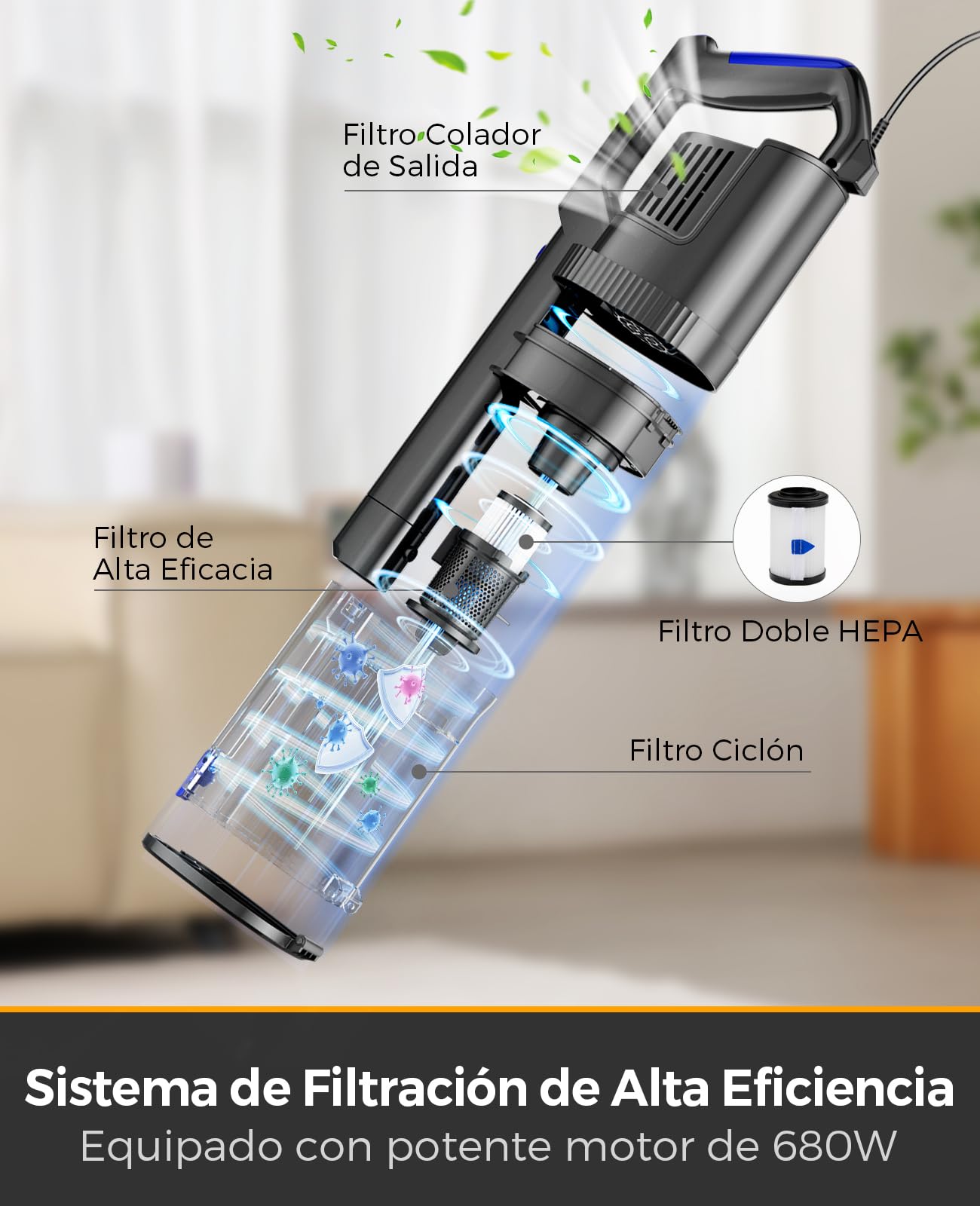 VACTechPro 60KPa/680W/7M Aspiradora, Aspiradora con Cable con 800ML Cubo de Basura, Aspirador con Diseño Ergonómico del Mango, Aspirador con Cable para Suelos Duros, Aspirador Vertical, Naranja
