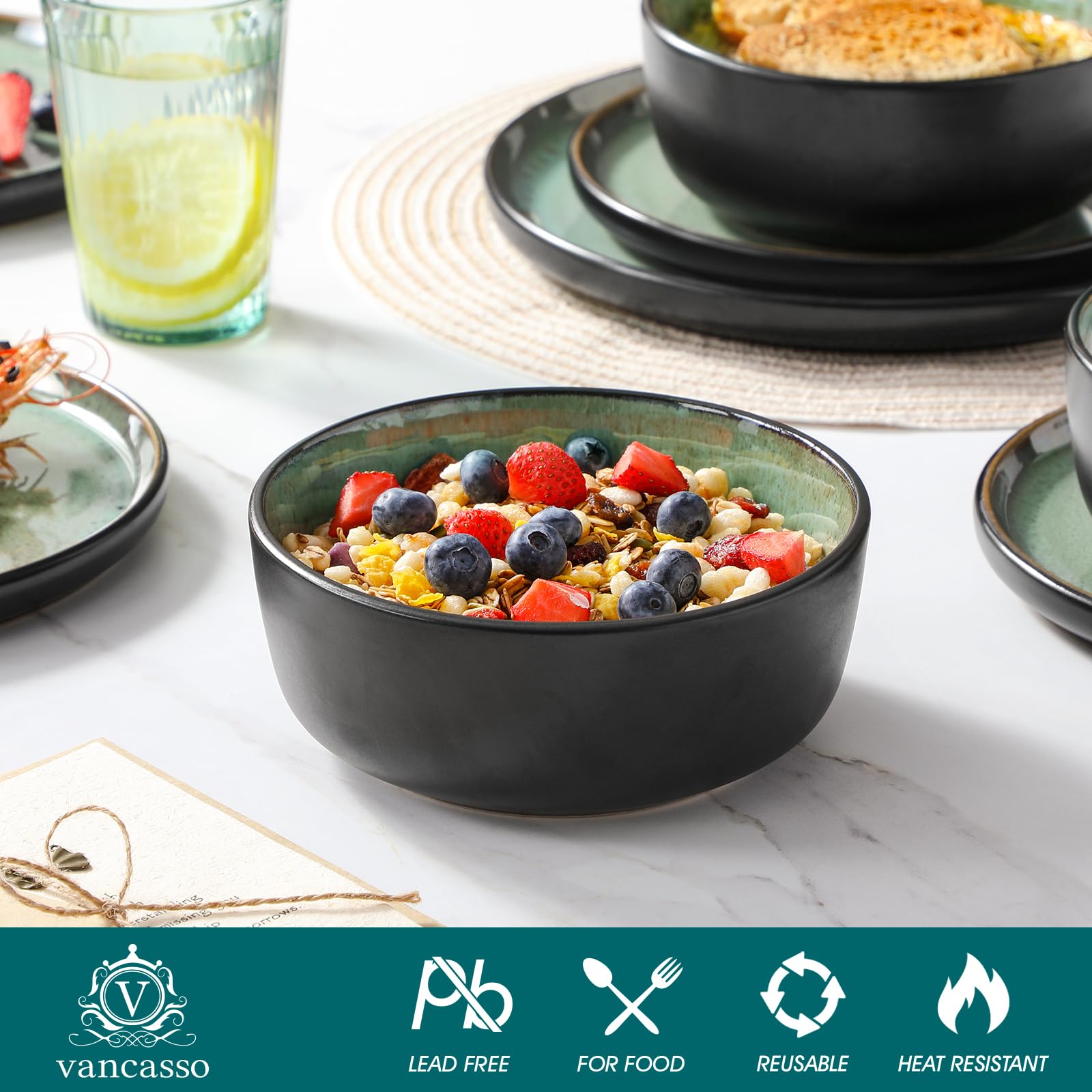 vancasso Amber 24 Pieces Dinner Set for 6, Reactive Glaze Stoneware Plates and Bowls Set, Green Crockery Set with Dinner Plates, Dessert Plates, Soup Bowls & Cereal Bowls, Microwave & Dishwasher Safe — view 4