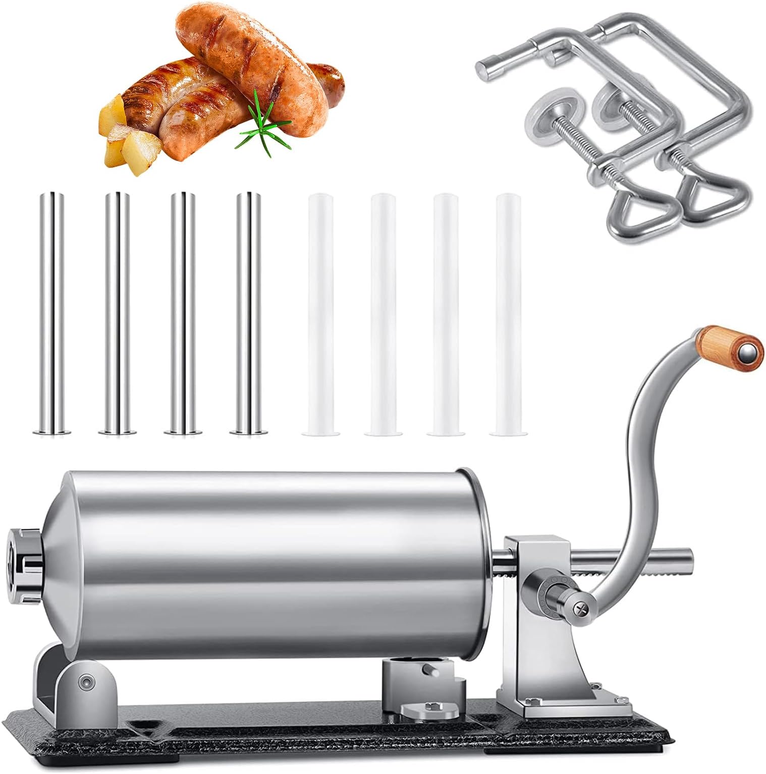 Sausage Stuffer 4L Stainless Steel Manual Homemade Sausage Filler Stuffer with 8 Stuffing Tubes Funnel Horizontal Sausage Filler Machine for Commercial Home