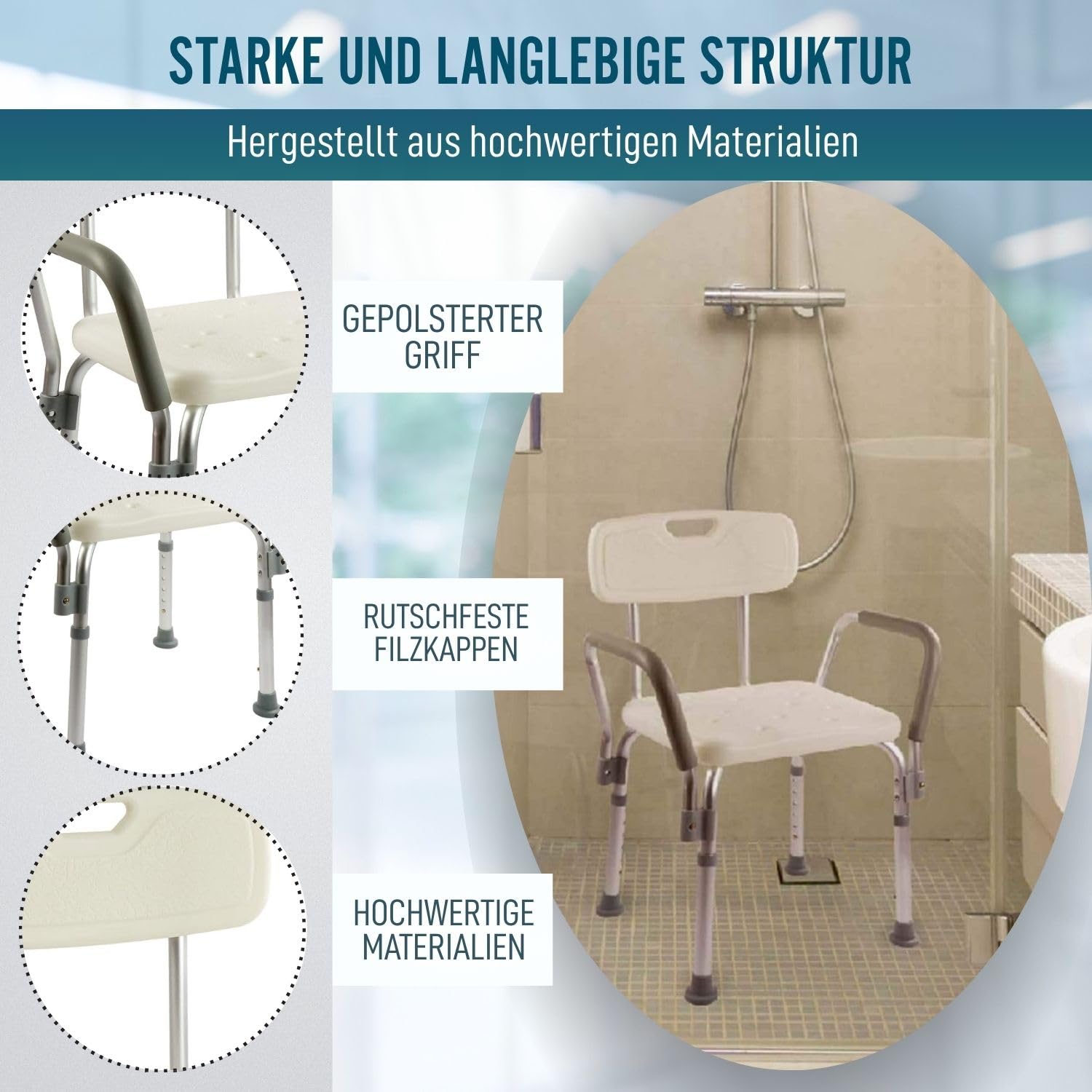 OrtoPrime Duschstuhl mit Rückenlehne und Armlehnen – Höhenverstellbarer Pflegestuhl für Senioren – Rutschfester Duschsessel mit Abnehmbarer Lehne – Badestuhl bis 150 kg belastbar
