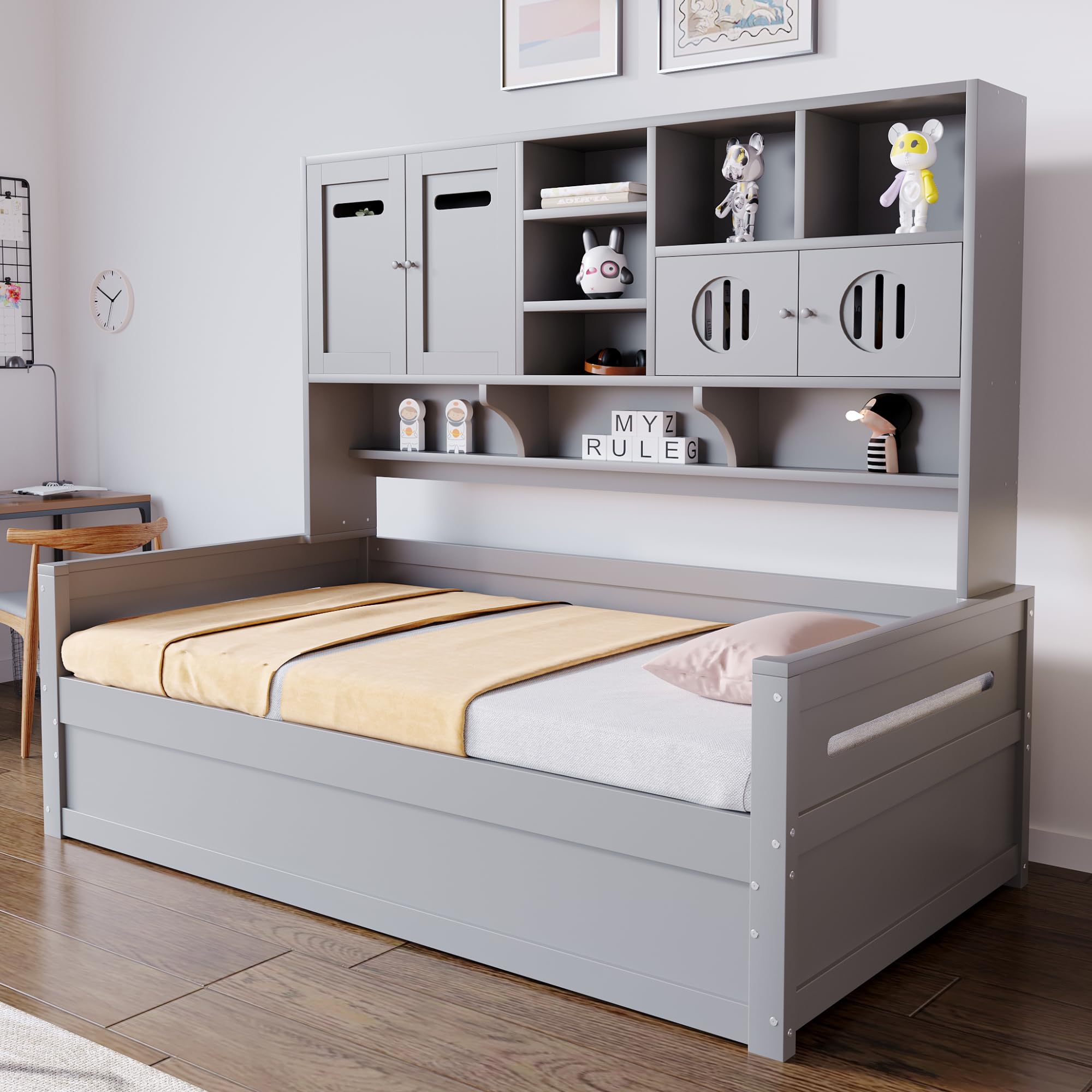 Drewniana sofa z funkcją spania z miejscem do przechowywania, 90 x 200 cm, łóżko hydrauliczne, drewno sosnowe, szara, łóżko pojedyncze, łóżko młodzieżowe, wielofunkcyjne