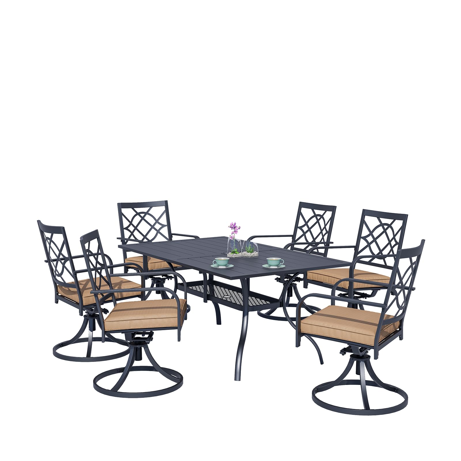 Oakcloud 7-Piece Metal Outdoor Furniture Patio Dining Set, 6 Metal Swivel Chairs and Rectangle Dining Table with Umbrella Hole, Black
