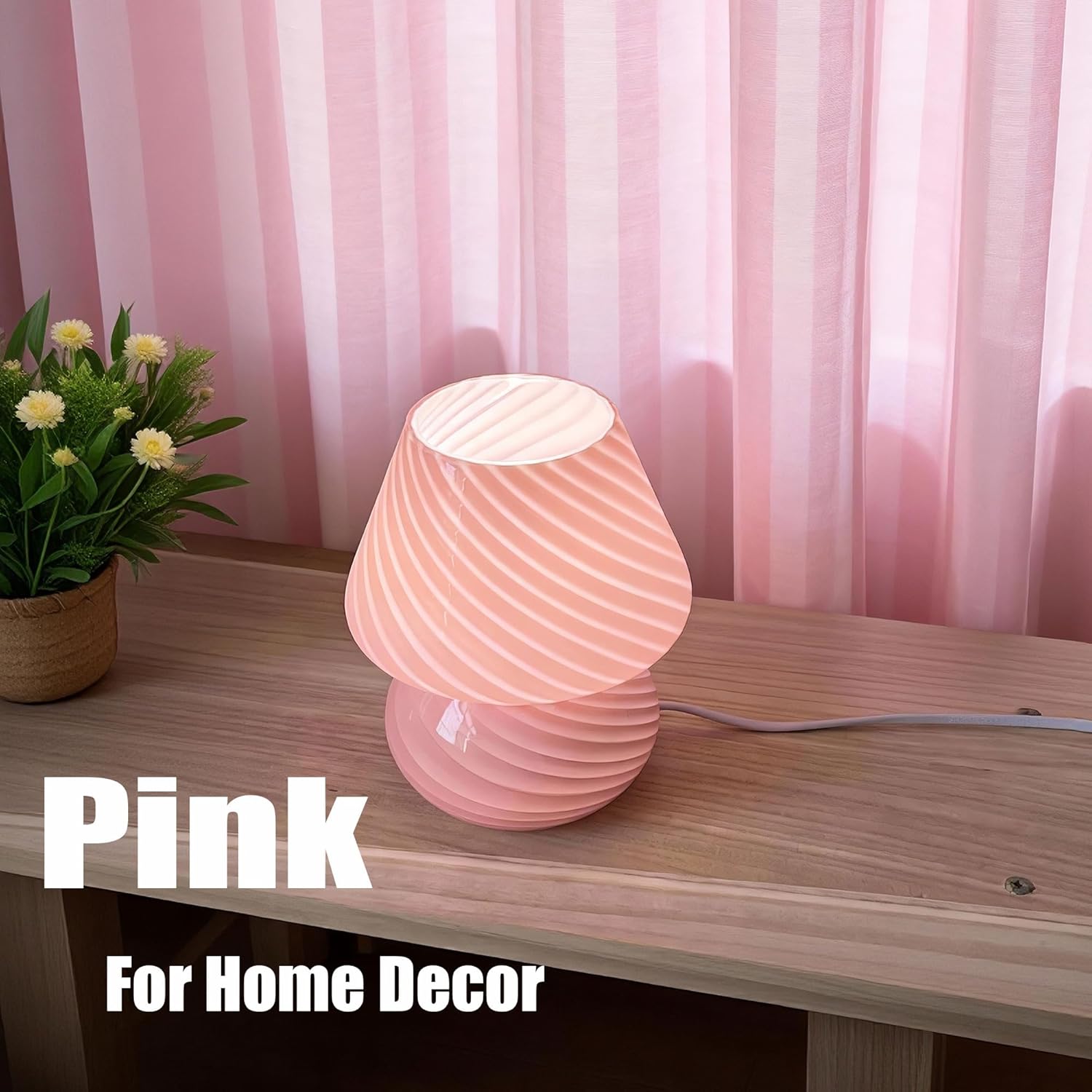 jonong Bedside Lamp Glass Striped Mushroom Table Lamp with 3 Color Modes LED Small Decorative Table Lamp for Gift Present,Suit for Bedroom, Living Room, Home Decor, Baby, Kids, Women (Pink)
