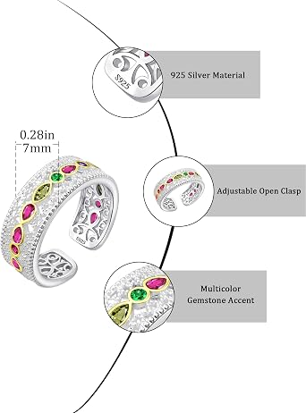 Sterling Silver Vintage Filigree Open Ring for Women, Boho Princess Wide Wedding Cocktail Band Thumb Ring, Adjustable Statement Birthstone Jewellery Gift