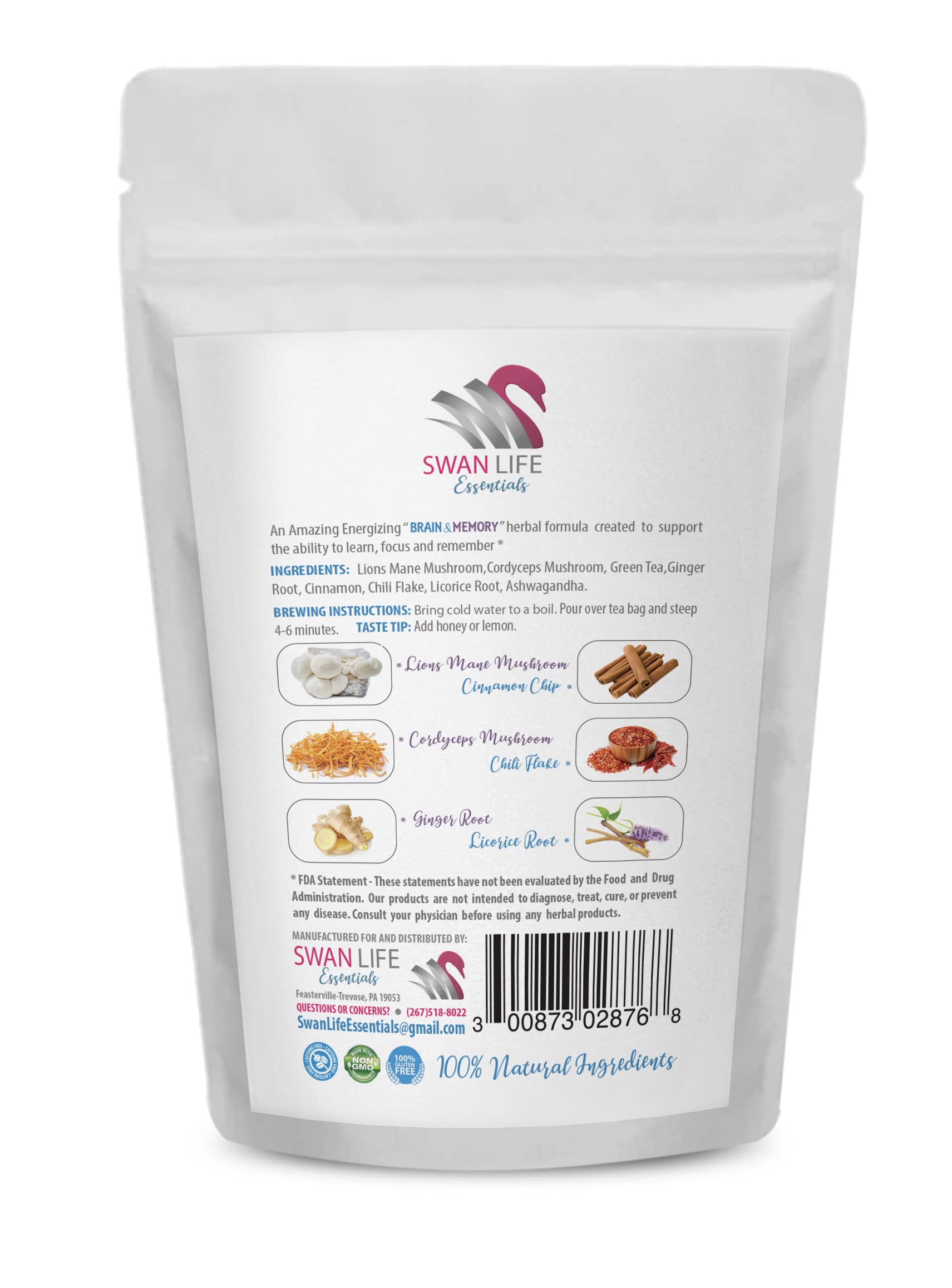 brain supplements for memory and focus - BRAIN AND MEMORY TEA - Cordyceps Mushroom Tea, Green Tea, Ginger Root Tea, Cinnamon Tea, Chili Flake, Licorice Root, Ashwagandha - 1 Bag 14 Days