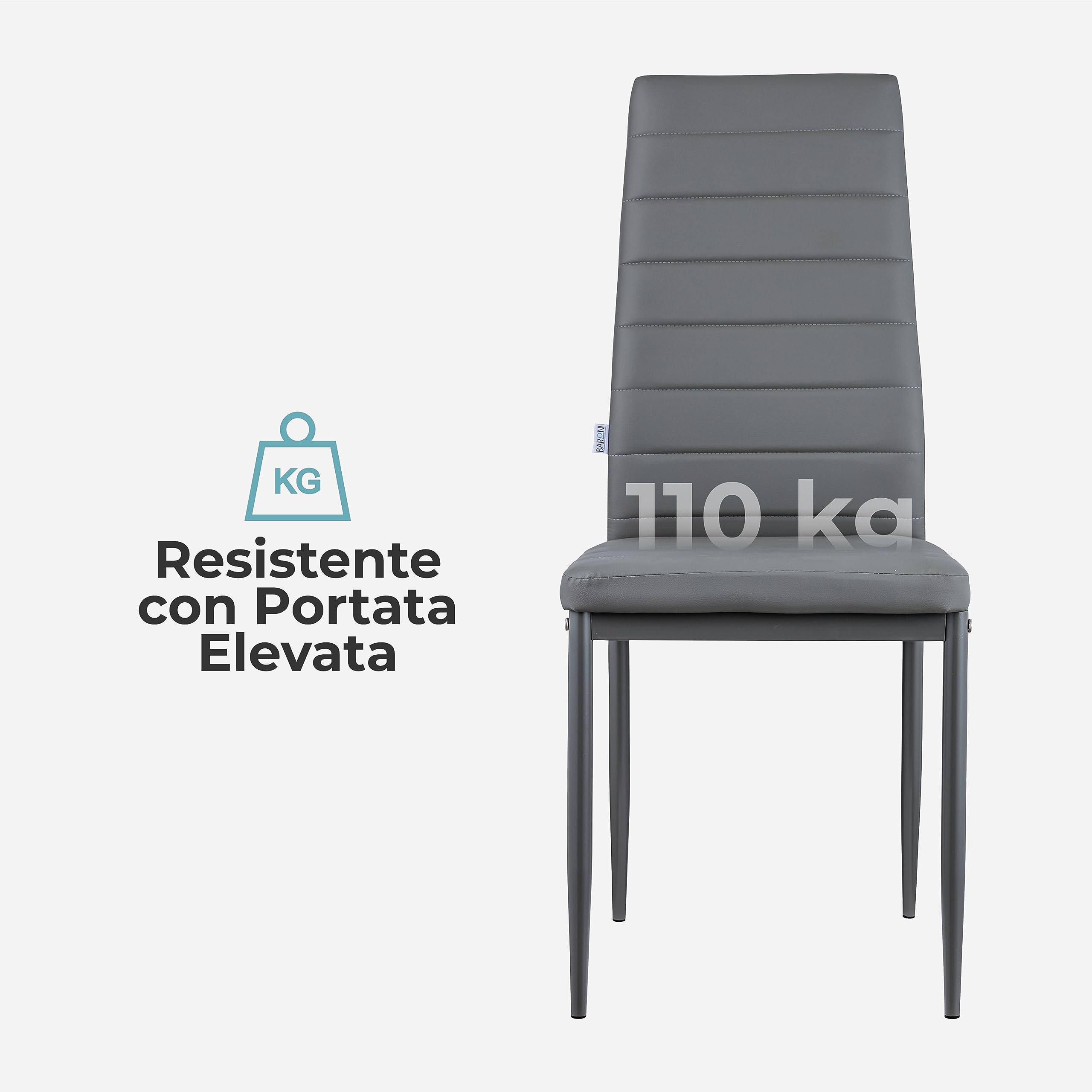 Baroni Home Set di 4 Sedie da Pranzo con Schienale Alto e Seduta Ergonomica con Cuciture Decorative, Sedie Eleganti Imbottite in Ecopelle con Struttura in Acciaio, 40X48X96 cm, Grigio