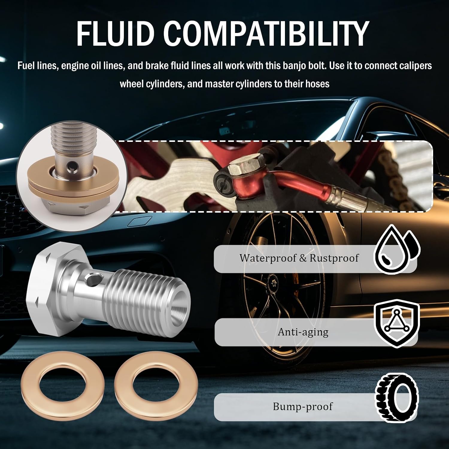 M10x1.0 Car Banjo Bolt,Metric Stainless Steel Brake Line Fitting Adapter as Automotive Replacement Parts for Master Cylinder,20mm Car Accessories Bolt & Copper Washer