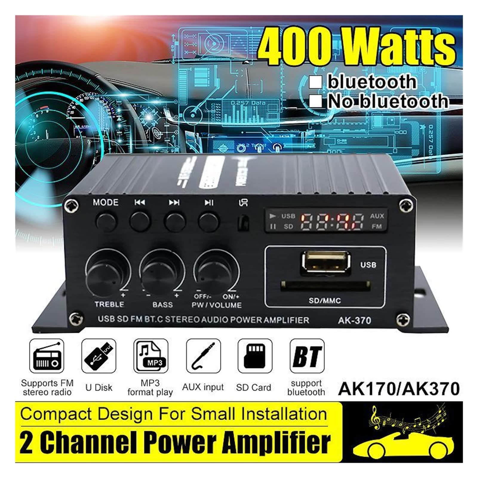 Amplificatore Audio, AK380 / AK370 / AK170 2 Canale Bluetooth HIFI Amplificatore di potenza Amplificatore domestico Audio Processor Classe D Controllo remoto FM. Radio(AK370)