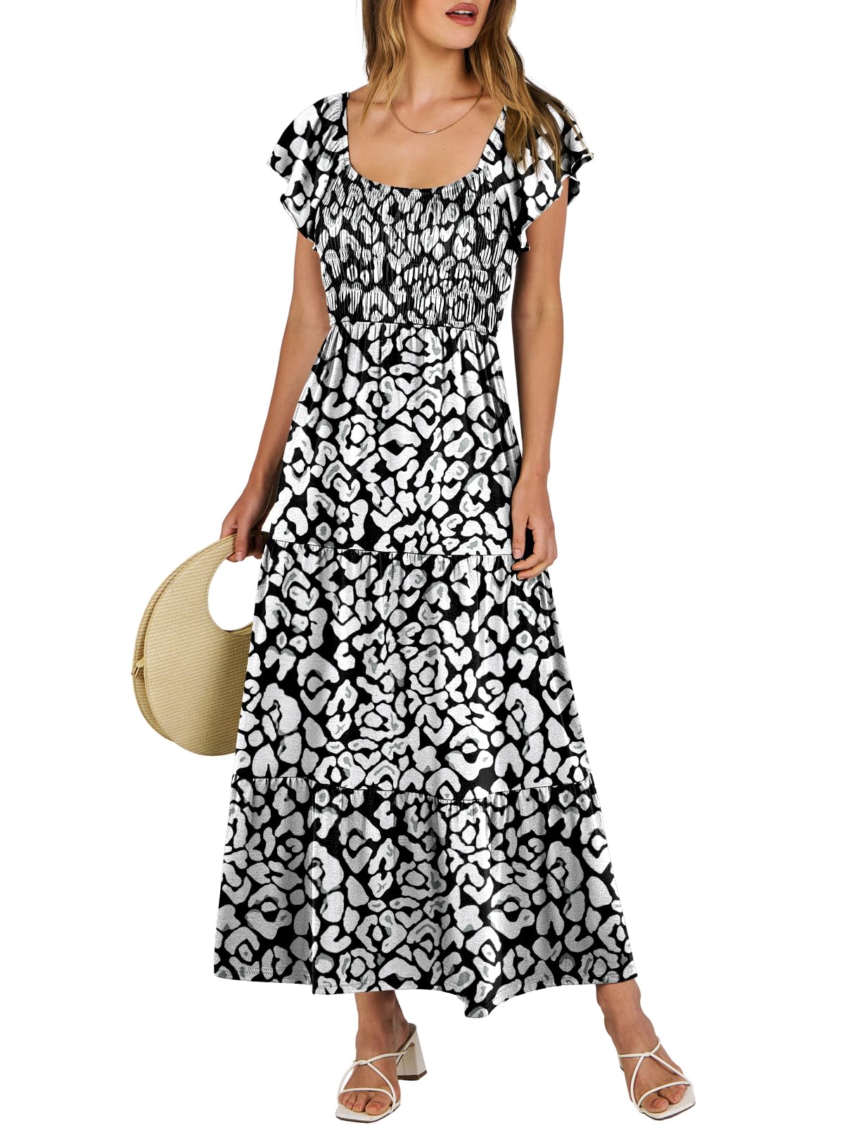 ANRABESS Women’s Casual Summer Maxi Dress Flutter Short Sleeve Scoop Neck Smocked A Line Flowy Beach Vacation Long Dresses