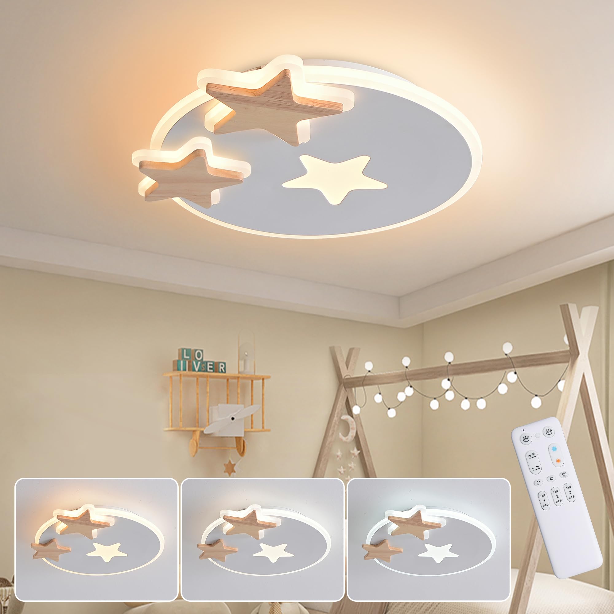 LED Deckenleuchte Kinderzimmer 45cm Vierblättriges Holz – Dimmbar 3000K-6000K Mit Nachtlicht & Fernbedienung
